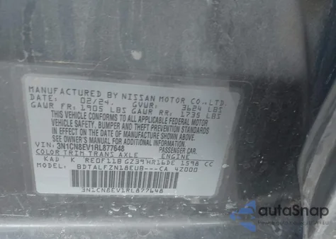2024 Nissan Versa 1.6 Sv z USA, uszkodzony, nr VIN 3N1CN8EV1RL877648
